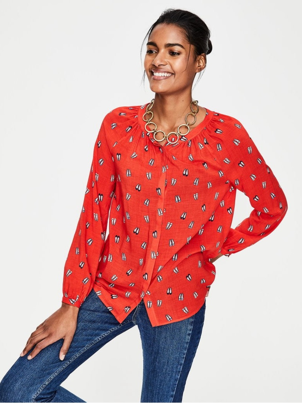 Boden Paris Blouse Red Ballet Shoe Print Long Sleeve Lightweight Top US 2